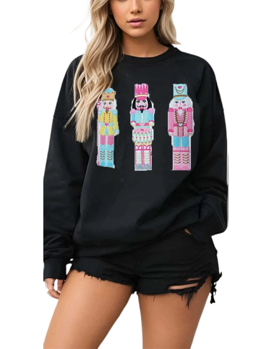 Women s Fall Loose Pullover Soldier Embroidered Long Sleeve Crew Neck Oversized Sweatshirt