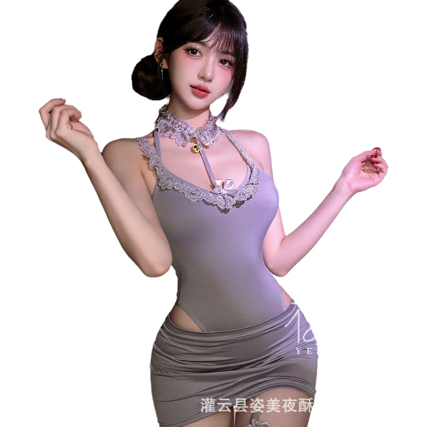 

Sexy Backless OL Secretary Nightclub Maid Uniform Alluring Lace Dress Off-the-shoulder Hanging Neck Dress Charming Casual ORAS