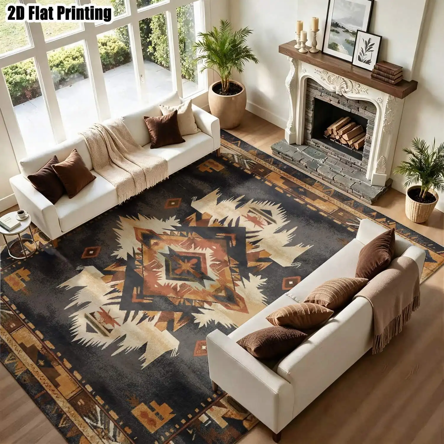 1Pc 2D Printed Retro Geometric Bohemian European-Style Carpet, Home Decor, Multi-Size, Machine-Washable, for Living Room Bedroom Dining Room Entrance Study