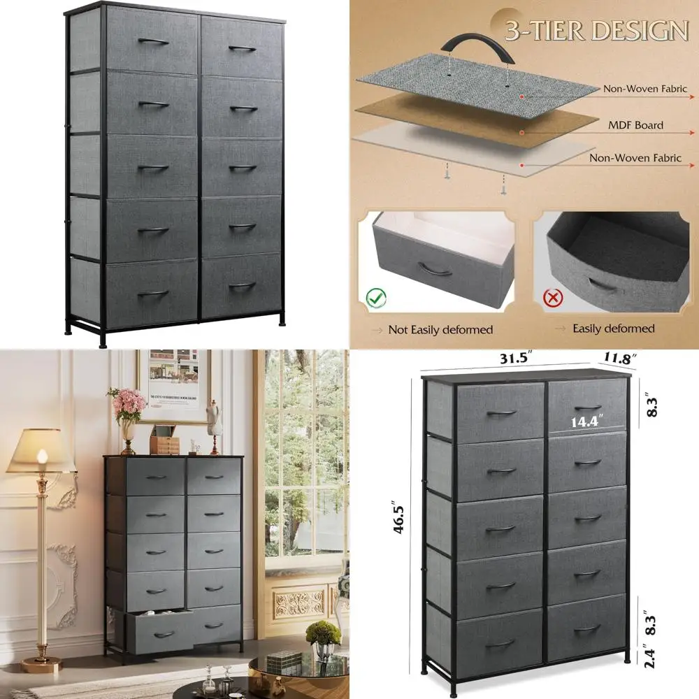 خزانة WLIVE باللون الرمادي لغرفة النوم مع 10 أدراج قماشية، وحدات تنظيم طويلة لغرفة المعيشة، الملابس، الخزانة، برج التخزين مع #1