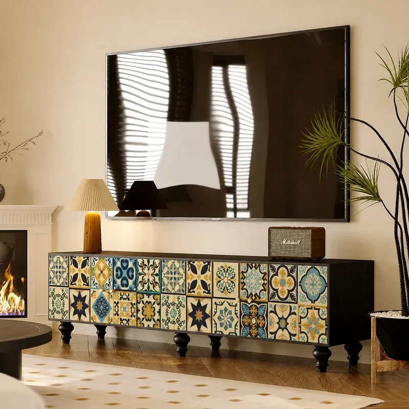 Bohemian Art Solid Wood TV Cabinet Corner Storage Bookcase for Bedroom Living Room Decoration No Installation Required