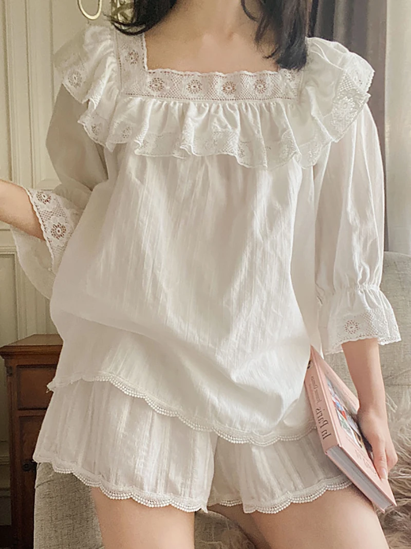 Cotton Square Neck Short Sleeve Lace Lolita Nightdress Two Piece Lounge Sets Women Summer Sweet Fairy Vintage Princess Sleepwear