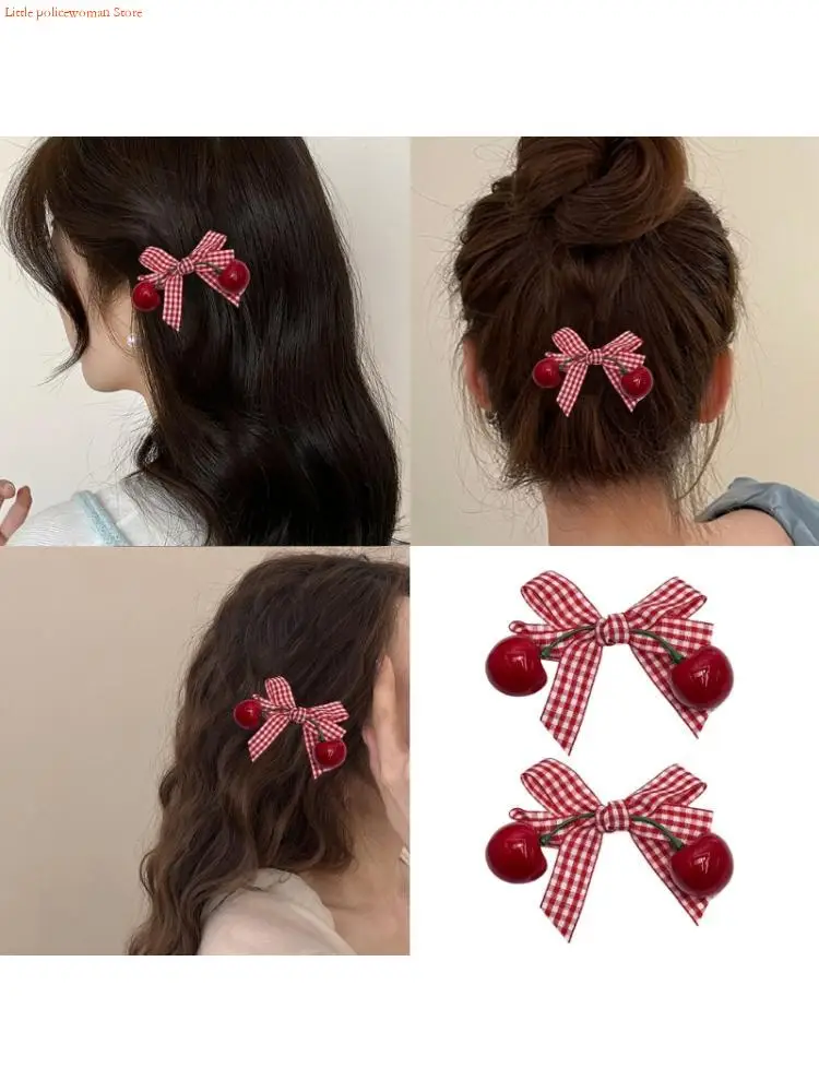 

F92D Pack of 2 Checked Bows Cherry Hair Clip with Metal Teeh Grip NonSlip Barrettes