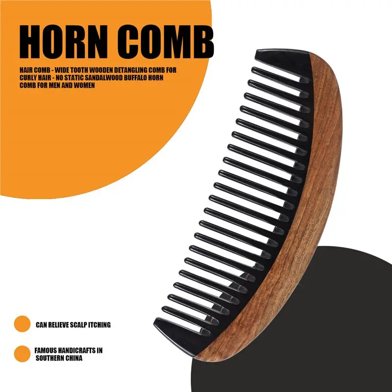 B83B-Hair Comb - Wide Tooth Wooden Detangling Comb For Curly Hair - No Static Sandalwood Buffalo Horn Comb For Men And Women