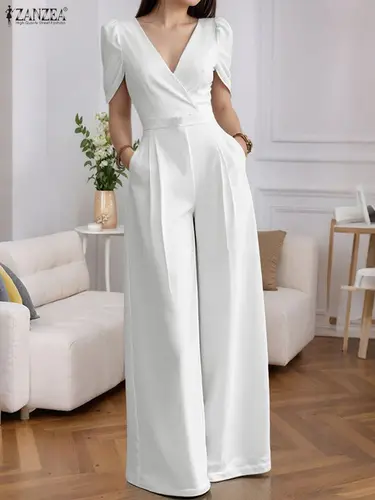 2025 ZANZEA moda verano mujeres monos de fiesta de manga corta con cuello en V peleles casuales monos sólidos elegantes bolsillos ropa de calle