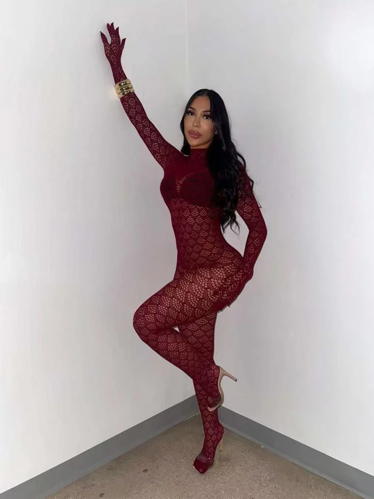 Women Fishnet Bodystocking Long Sleeve Hollow Out Mesh Catsuit Festival Outfit Full Body Stocking Stretchy Clubwear Bodysuit