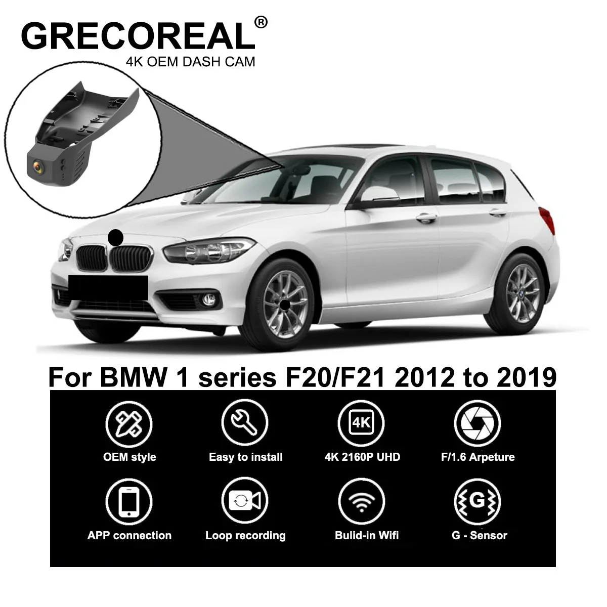 

GRECOREAL 4K Dash Cam Front Rear WiFi Car Dual Dashcam APP Control Easy Install Plug Play Compatible with BMW 1 Series F20 F21