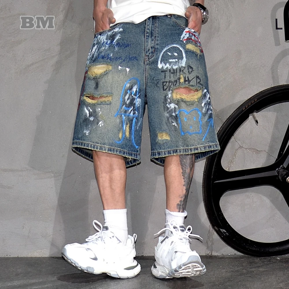 

Mens Summer Ripped Distressed Denim Shorts 5 Inch Korean Style Streetwear Hip Hop Graffiti Skate Trendy Mid Blue jorts Male