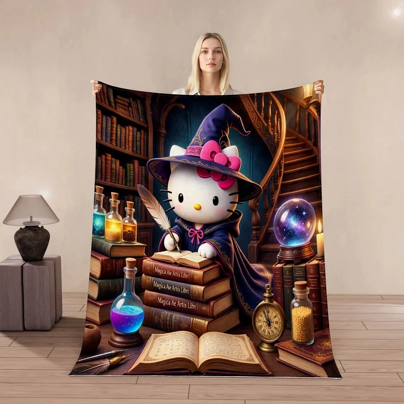 Cute Hello Kitty Witch Hat Flannel Blanket, Vintage Magic Book Crystal Ball Print Cozy Bedspread For Halloween Home Decoration