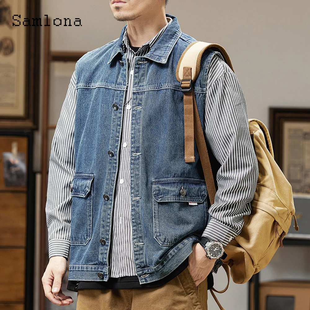 2025 Autumn Fashion Sleeveless Notched Denim Vest Jackets Plus Size Mens Basic Denim Top Vintage Stand Pocket Jean Outerwear New