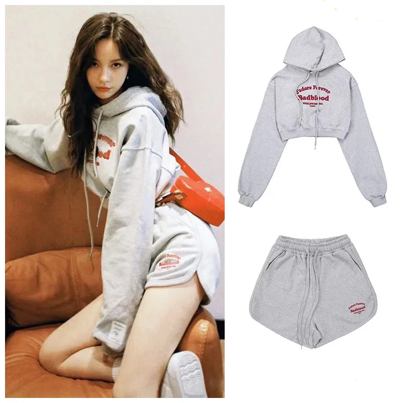 

Fashionable Grey Short Sweatshirt Set Women's Two-Piece Short Pants Outfit EXJR Street Style Spring Collection Comfortable Fit