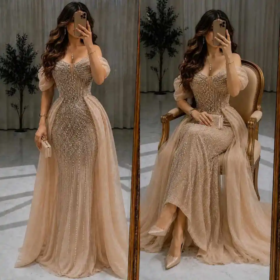 Elegant Women Formal Dress Off‑Shoulder Crystal Embellished Corset Mermaid Gown With Sheer Tulle Overlay For Banquet Customized