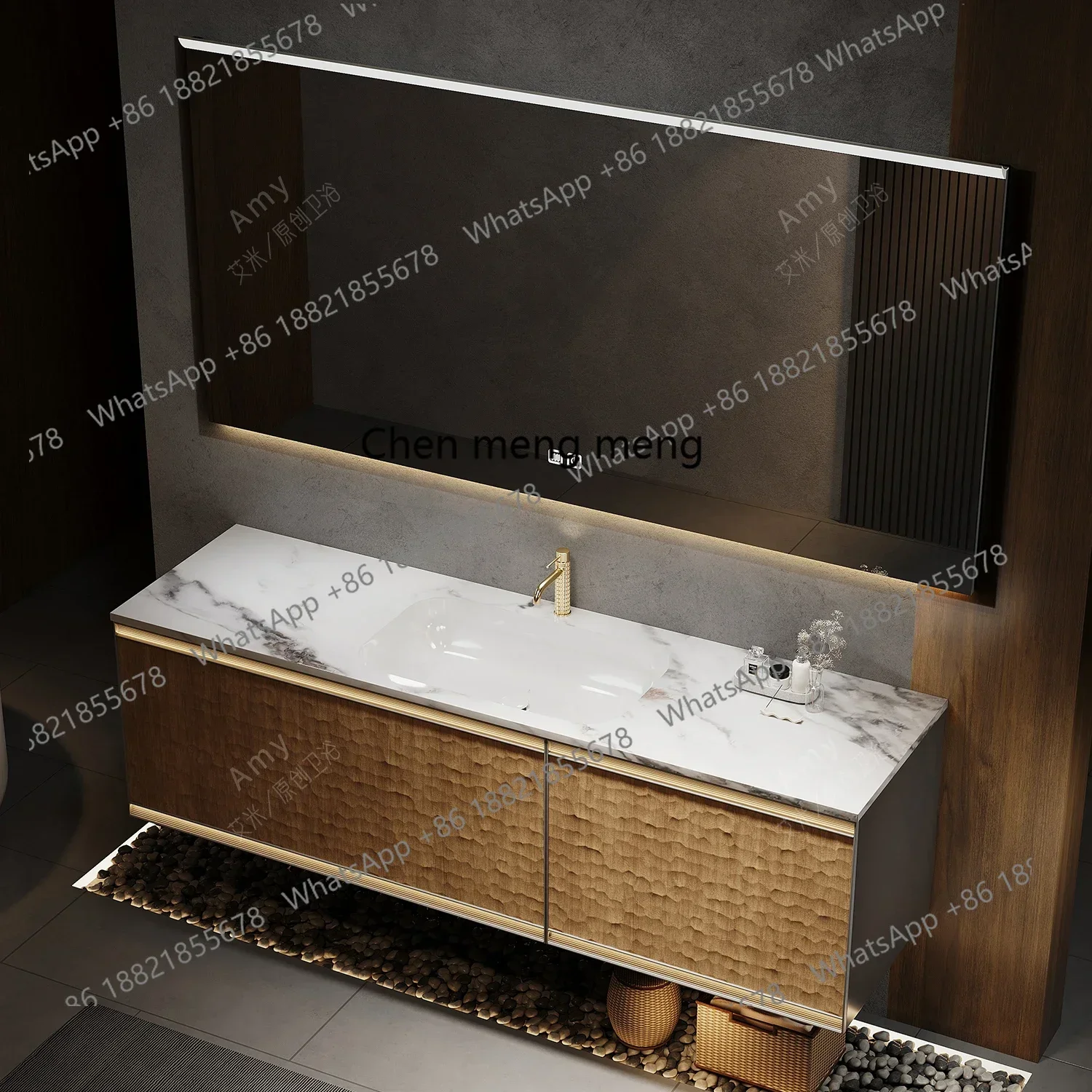 Light luxury hotel bathroom cabinet combination red oak rock slab hand wash cabinet toilet washstand