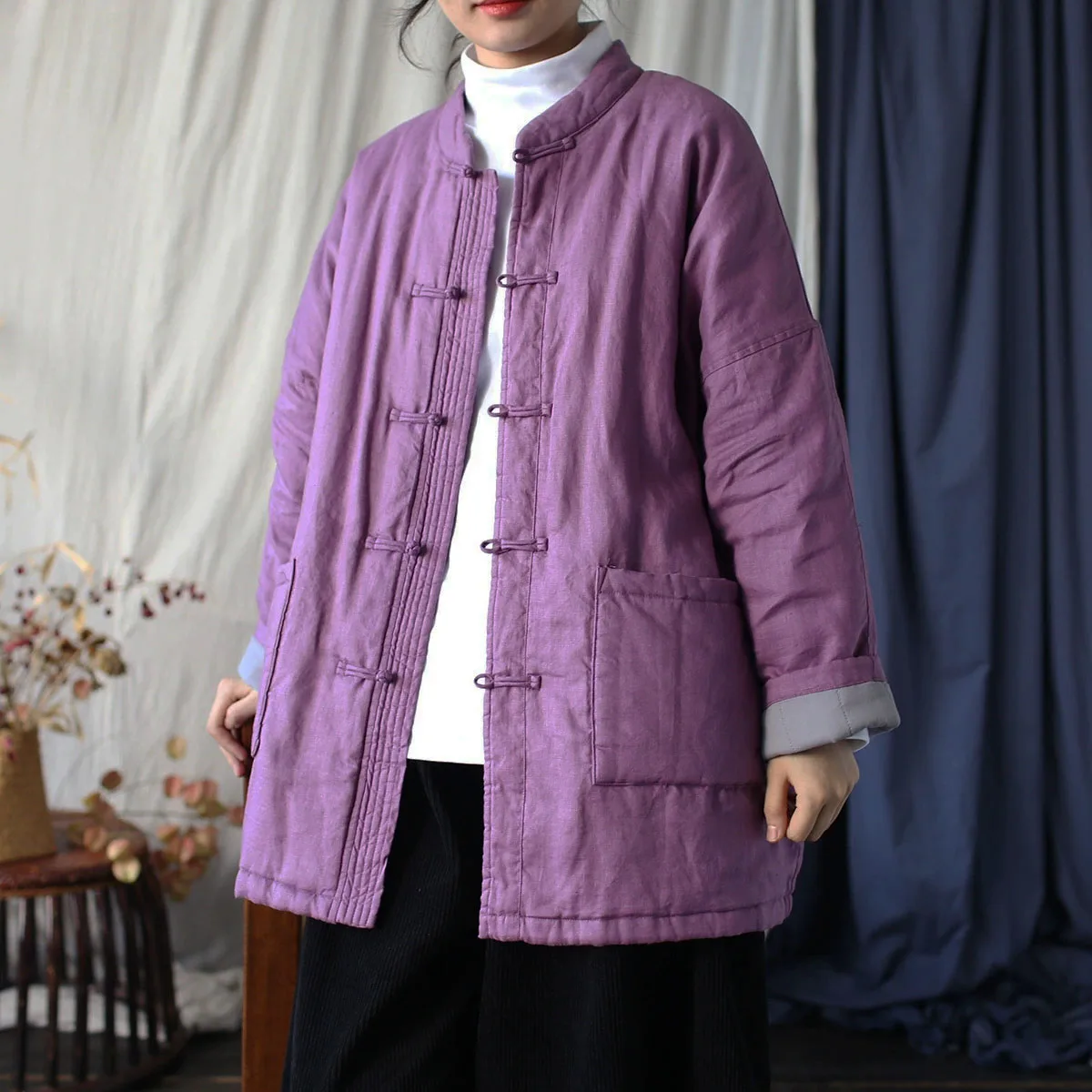 

Quality Linen Solid Color Loose Thin Quilted Jacket Women's Autumn Winter Chinese Tang suit Frog Button Retro Coat With Pockets