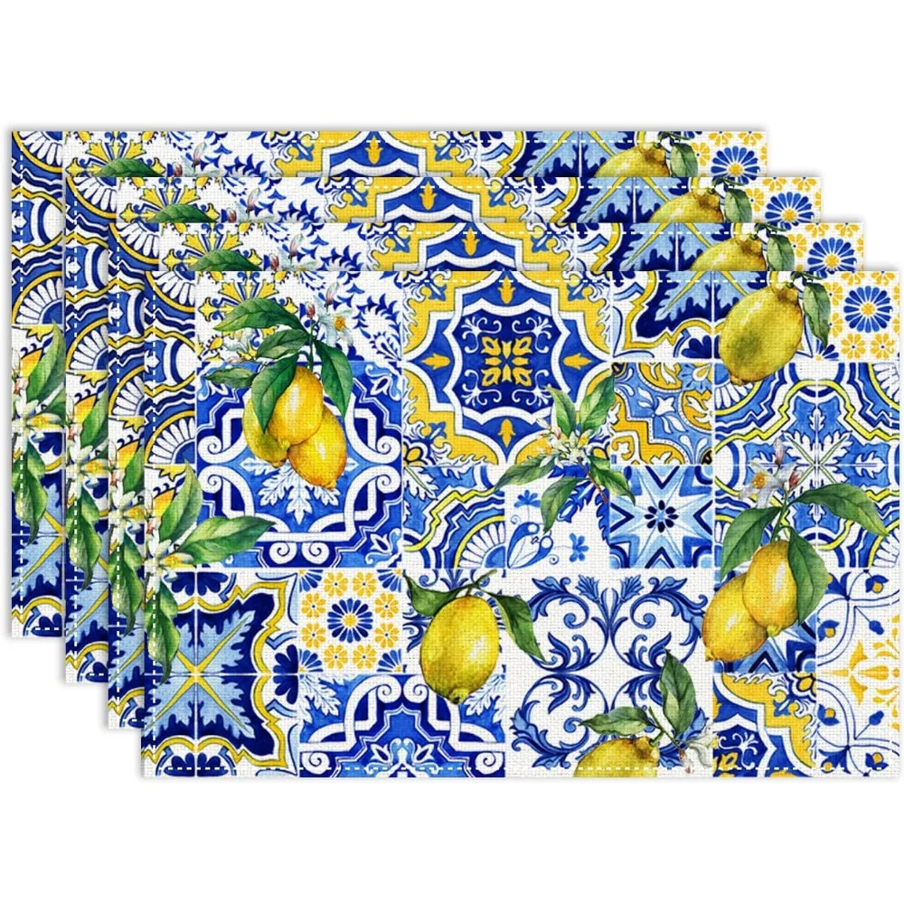 Lemon Tiles Placemat Spring Summer Yellow Lemon Blue Ceramic Leaves Farmhouse Table Mats for Party Kitchen Dining Table