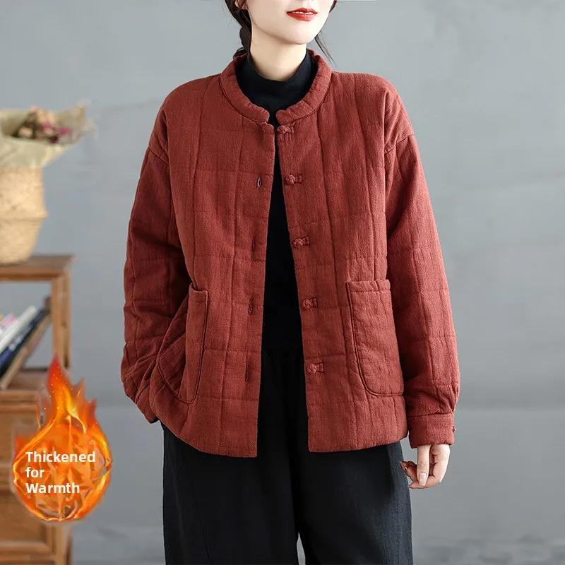 Lightweight Cotton Linen Quilted Plaid Women's Winter Retro Artistic National Sle Jaet  Silk ort Cotton Coat