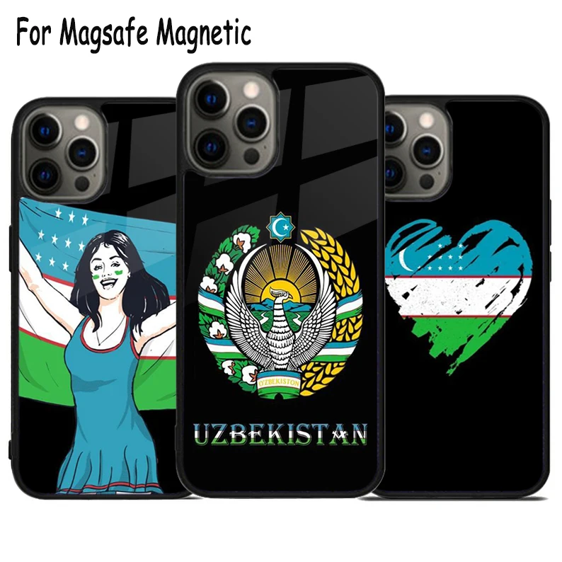 Emblem of Uzbekistan National Flag Wireless Charge Magsafe Phone Case For iPhone 15 16 14 13 11 12 Pro Max Plus Magnetic Cover