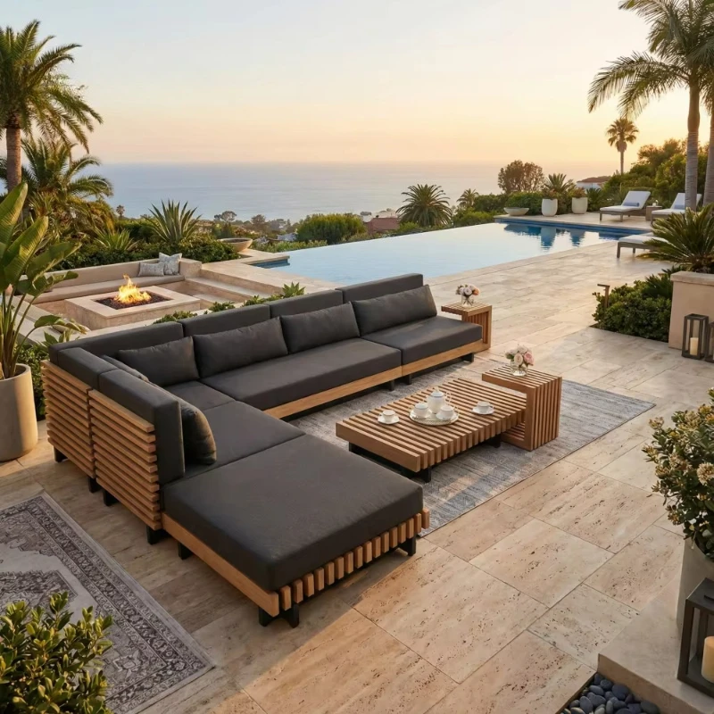 

Элитный современный комплект мебели для террасы отеля: подушка для сиденья, чехол для садового дивана, уличная мебель из массива тика.