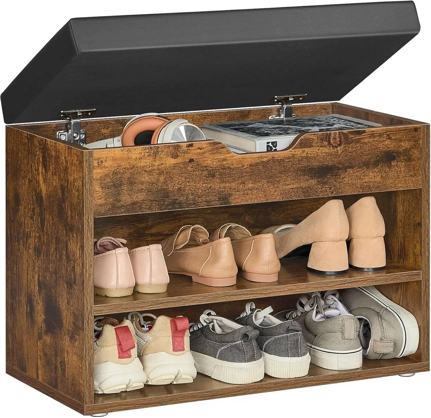 

Shoe Bench with Cushion, Storage Entryway Bench, 3 Compartments, Rustic Brown, for Bedroom Living Room