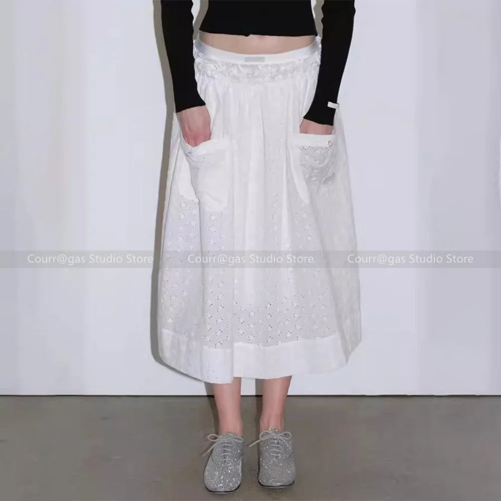 

Spring and summer new niche design high waist embroidery drawstring ruffle pocket half-body skirt female