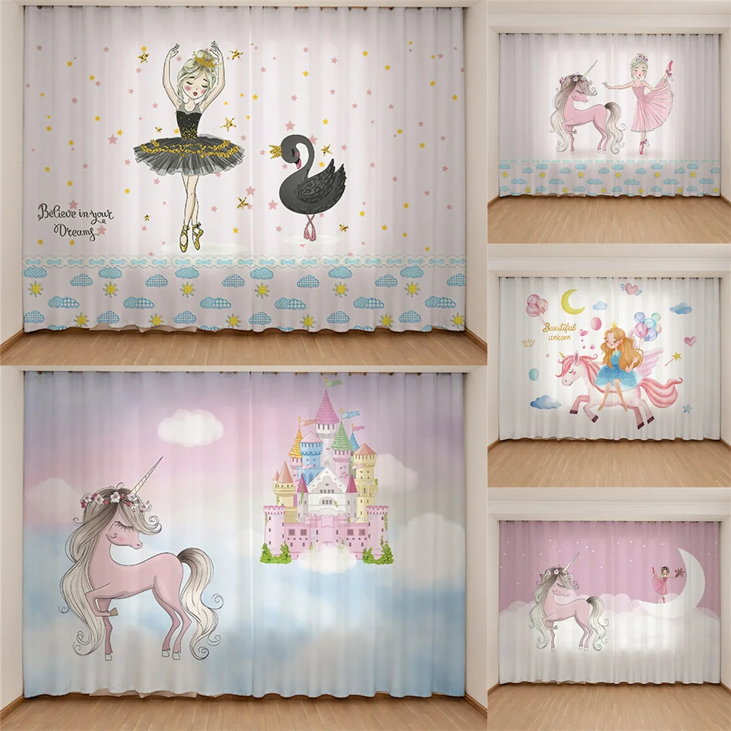 

Pink Cute Unicorn Dancing Girl Thin Curtain For Living Room Bedroom Modern Thin Curtains Decorative Window Treatment