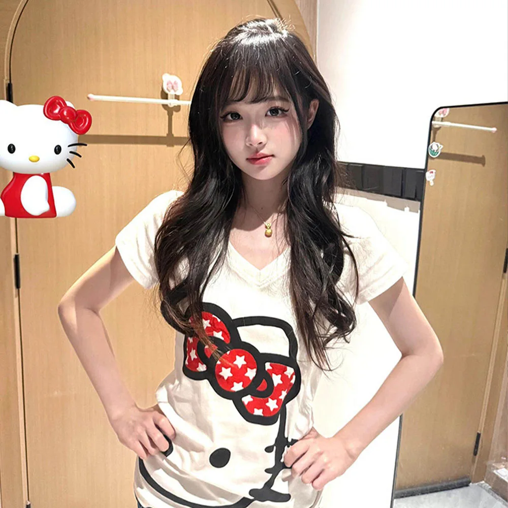 Y2K Hello Kitty Print V-Neck T-Shirt Women's Summer Casual Short Sleeve Crop Top Harajuku Cute Cartoon Tee Aesthetic Streetwear