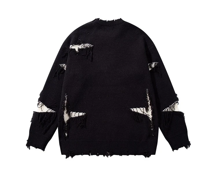 Autumn Winter New American Gothic Style Men's Jacquard Ripped Patchwork Design Loose Casual Round Neck Black Gray Knit Sweater