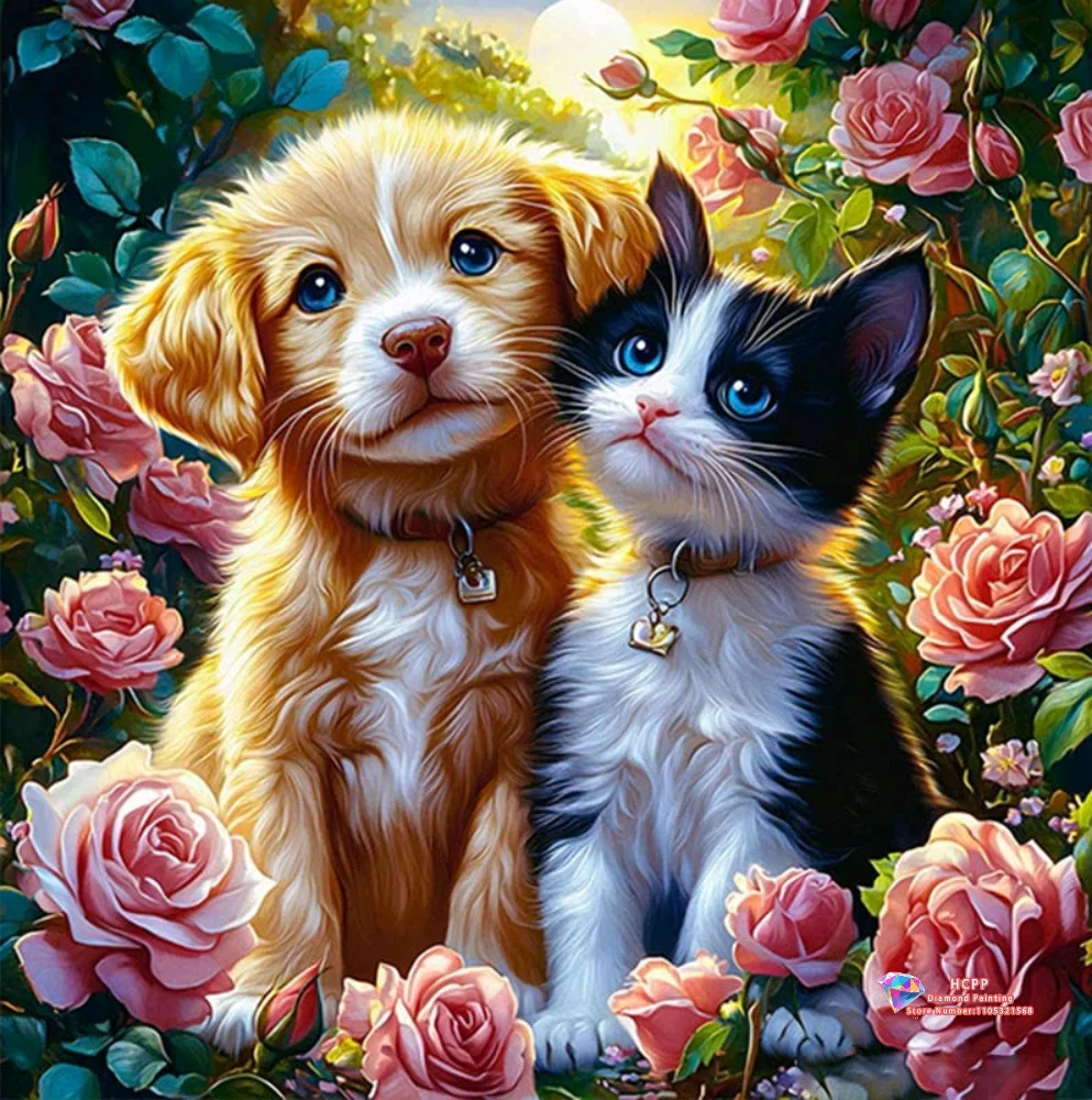 Puppy and Kitten in Rose Garden 5D DIY Diamond Painting Set with Square and Round Diamonds Handmade Crafts Home Decor Gifts.