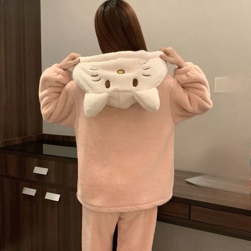 

Утолщенная теплая коралловая бархатная пижама для девочек, милый мультяшный комплект на молнии с капюшоном Hello Kitty, мягкий повседневный и удобный комплект домашней одежды