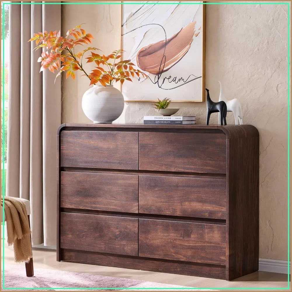 Modern 6 Drawer Dresser for Bedroom 47 Inch Wide Wood Storage Dresser Brown