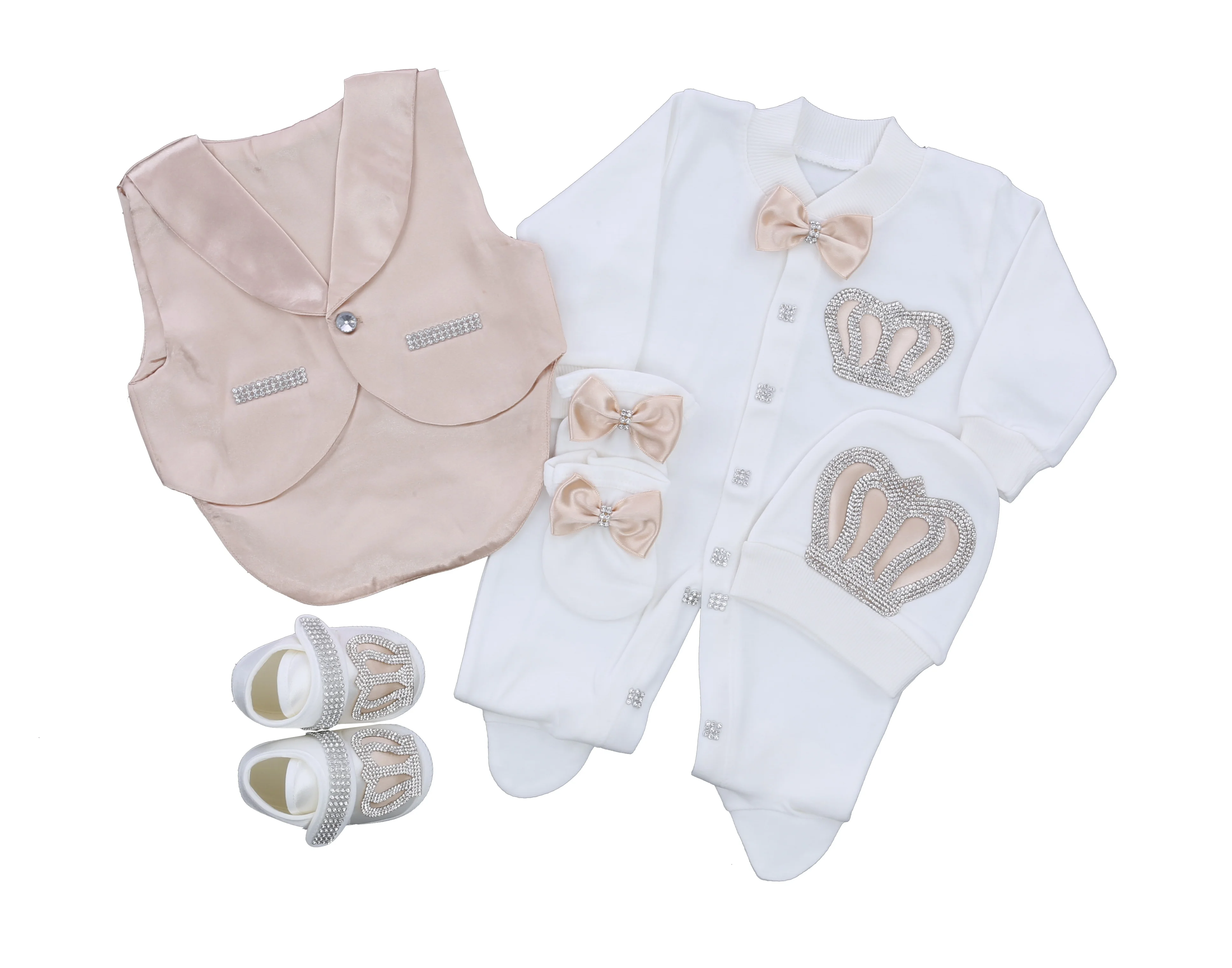 Dollbling 5 Pcs Vest Beige High Quality Fabric Knitted Long Sleeve Bubble Clothes Custom Baby Boy Clothes Romper