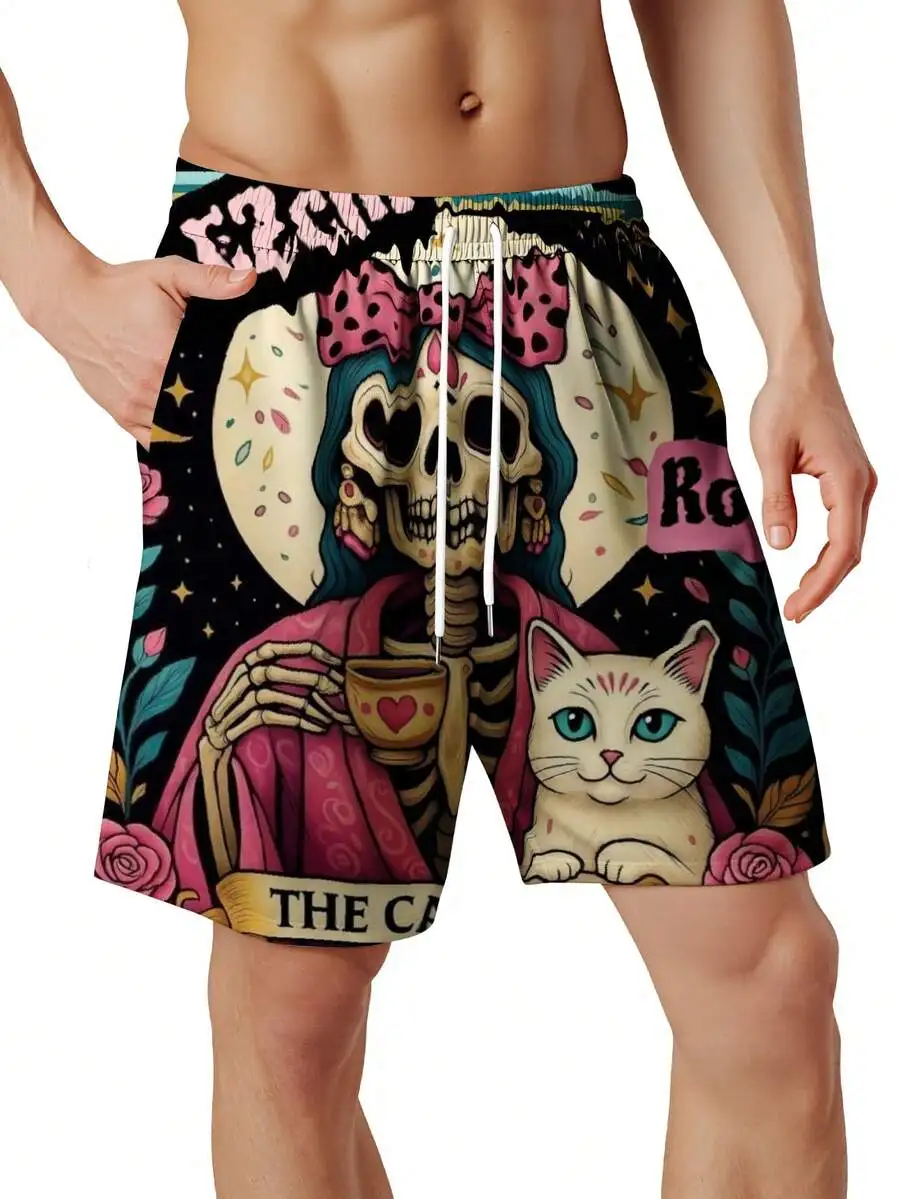 

Day Of The Dead Skeleton And Cat Print Swim Trunks For Men Beach Shorts With Drawstring
