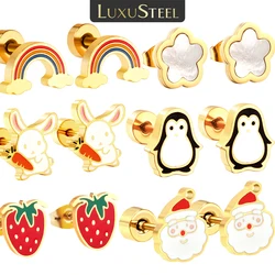 LUXUSTEEL 316L Christmas style Stainless Steel Earrings Golden Plated Cute Animal with Strawberry Penguin Flower Rabbit Earrings