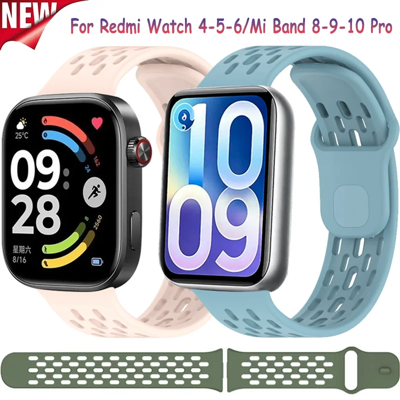 Weiches Silikonarmband für Redmi Watch 4 5 6, atmungsaktives Armband für Xiaomi Mi Band 10 Pro/9 Pro/8 Pro, Correa Zubehör
