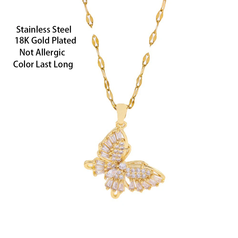 New Sweet Zircon Crystal Butterfly Pendant Necklaces For Women Temperament Light Luxury Gold Color Stainless Steel Neck Chain