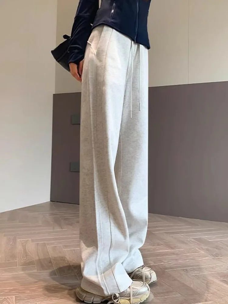 Women Casual Thicken Loose Straight Pants Winter Warm High Waist Lace Up Wide Leg Pantalones Snow Wear Velvet Lined Sweatpants