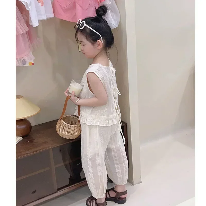 Girls Summer Korean Clothing Sets Casual Sleeveless Hollow Lace T-shirt+Pants 2pcs Suit 0-6Y Strap Cardigan Vest Clothes Outfits