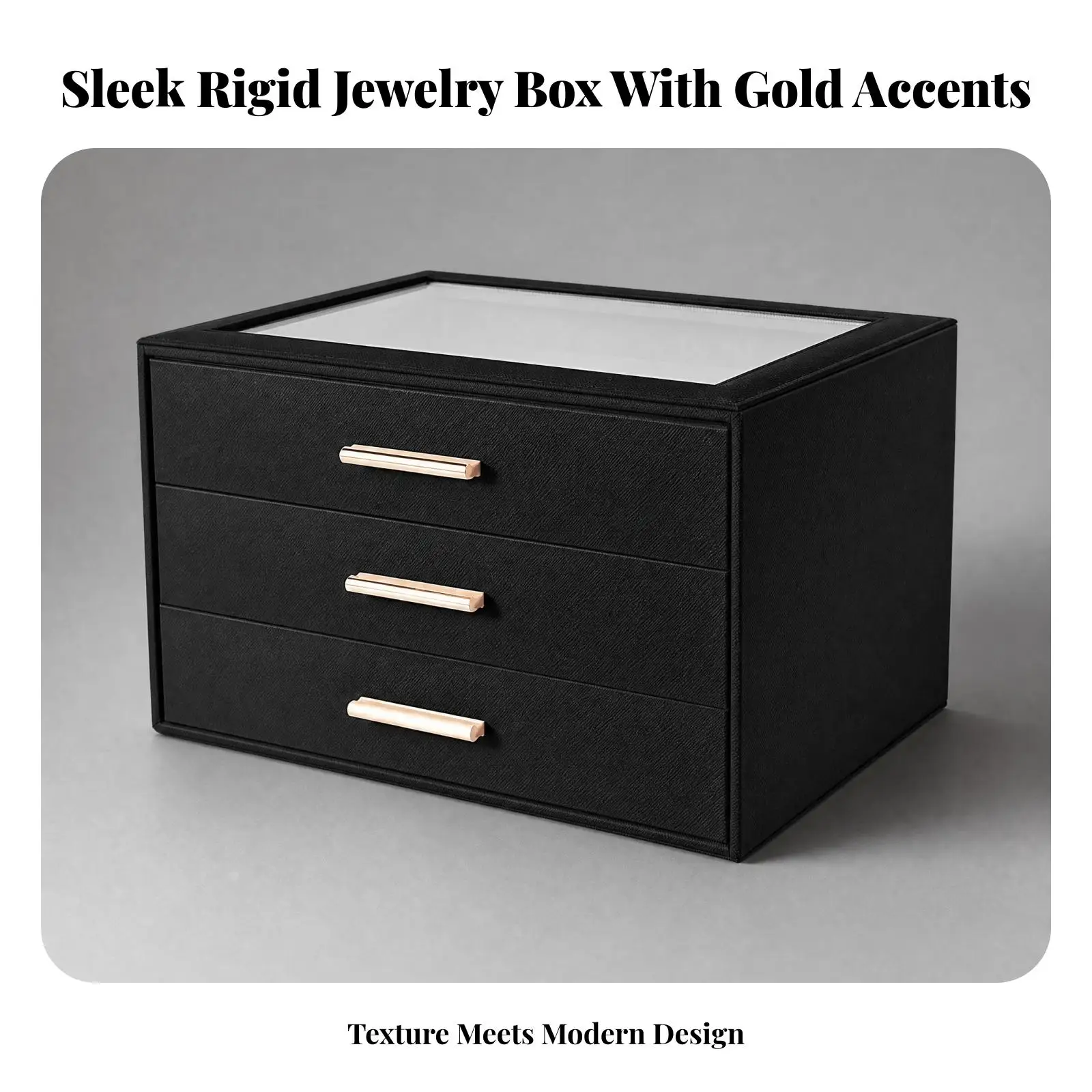 Leather Jewelry Organizer Case with Transparent Top Window and Three Drawers for Vanity Dresser Storage Box