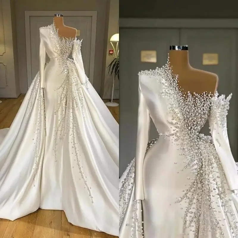 

Gorgerous Full Handwork Pearls Mermaid Wedding Dresses with Detachable Train Satin Long Sleeves Real Photo Bridal Gowns