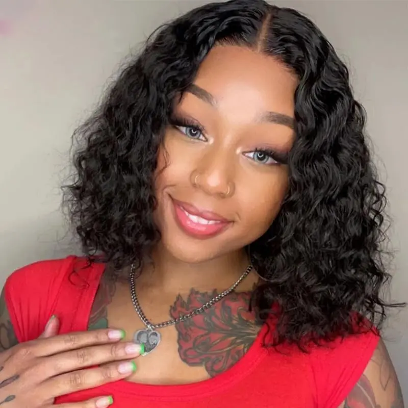 Glueless Water Wave Bob Wig 100% Human Hair Deep Curly 13X4 Lace Frontal Wig Short Bob Wigs Natural Wavy Hair