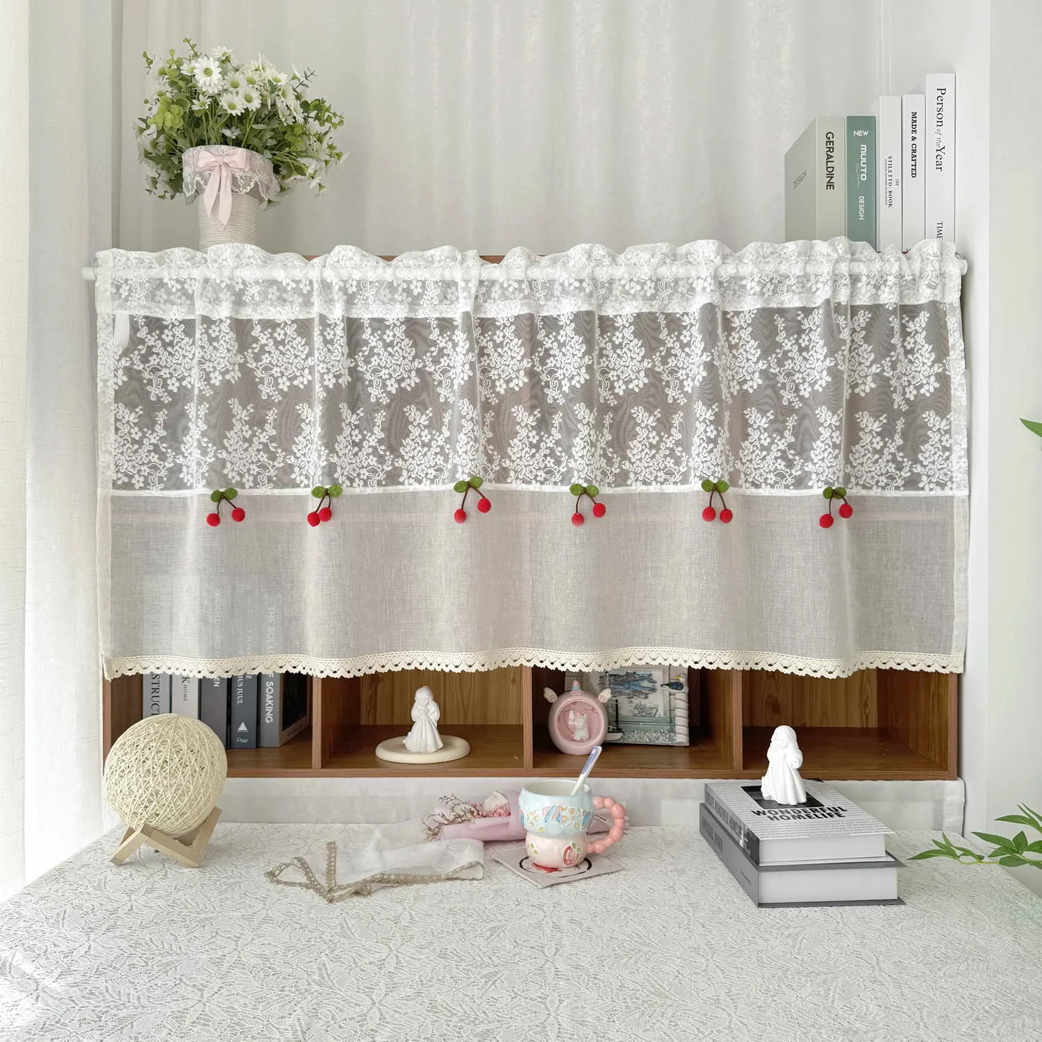 Jacquard Lace Sheer Short Curtain With Cherries Splicing Hollow Lace Farmhouse Curtains for Kitchen, Cafe, Bedroom, Small Window