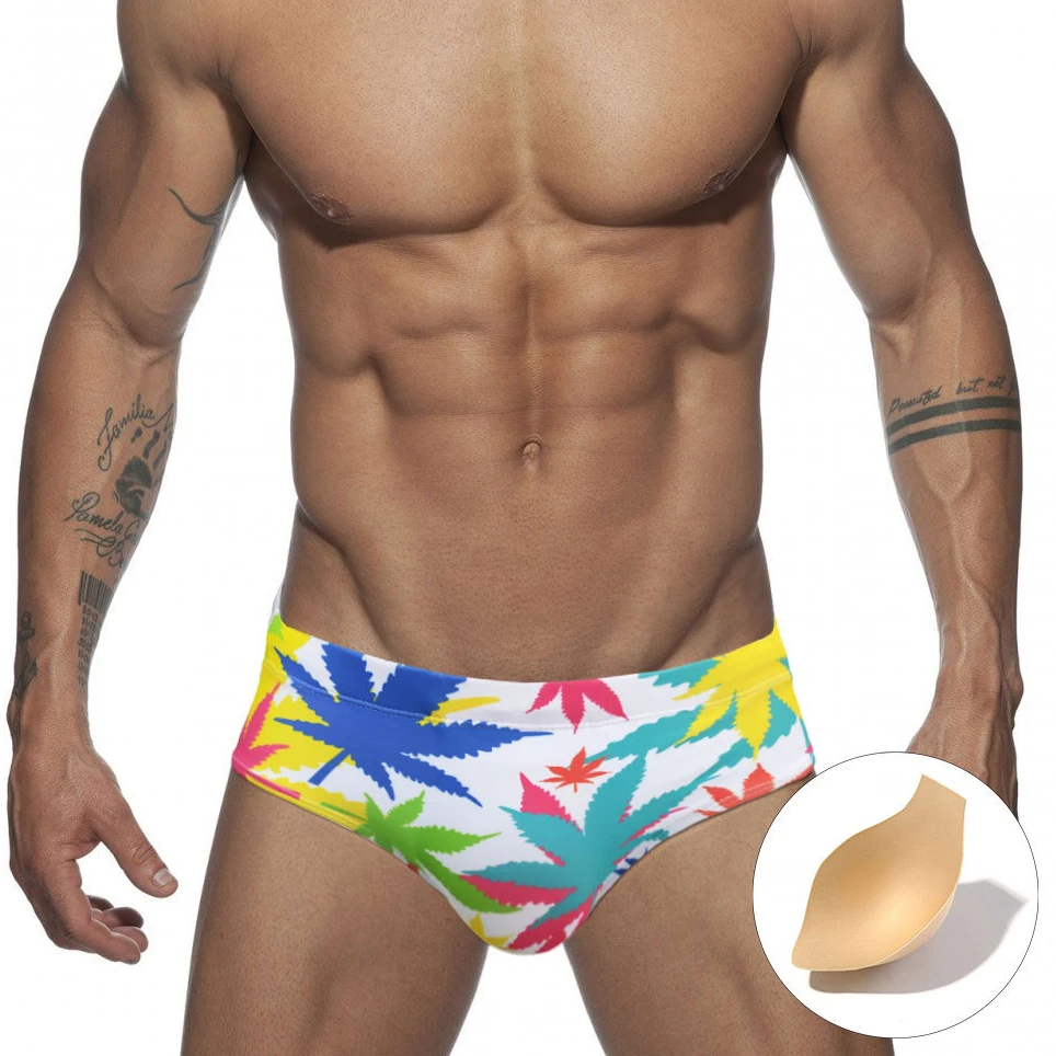 Hot Colored Leaves Bikini Swimwear Men Swimming Briefs Sexy Push Up Pad Male Swimsuit Man Swim Trunk UXH Beach Surf Sport Suits