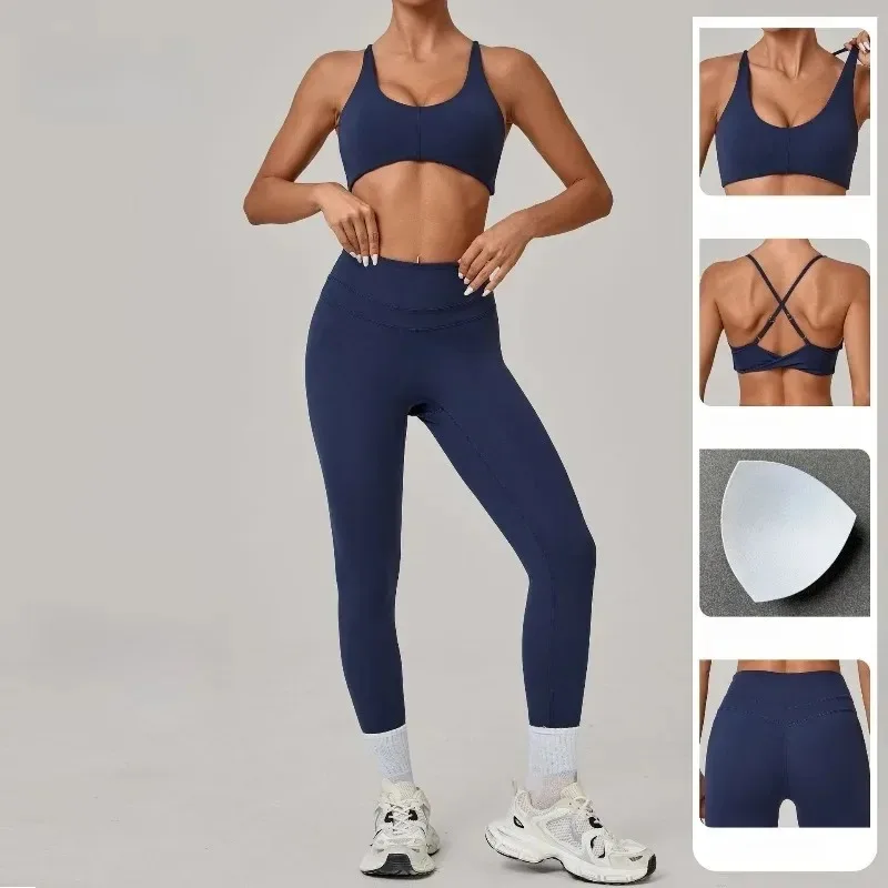 Nuovo set da yoga per donna, tracolla regolabile incrociata, reggiseno elastico a vita alta, pantaloni attillati, palestra, corsa, fitness, sport, yoga