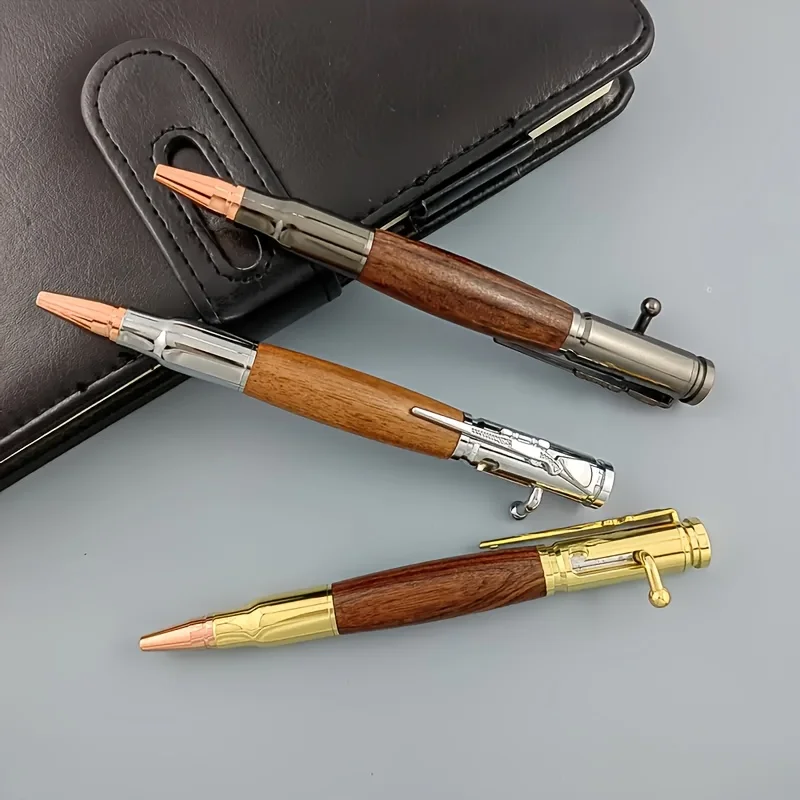 Luxury Wood Grain Metal Bolt Action Pen Bullet Tip Retractable Ballpoint Pen Elegant Business Office Writing Signature Gift Pen