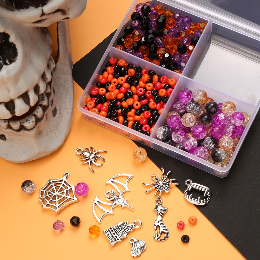 458pcs/Box Halloween Acrylic Beads Kit Round Faceted Cracked Loose Spacer Beads with Alloy Charms Beads for Making Bracelet Necklace Earring DIY Keychain Craft Ornament Halloween Gift