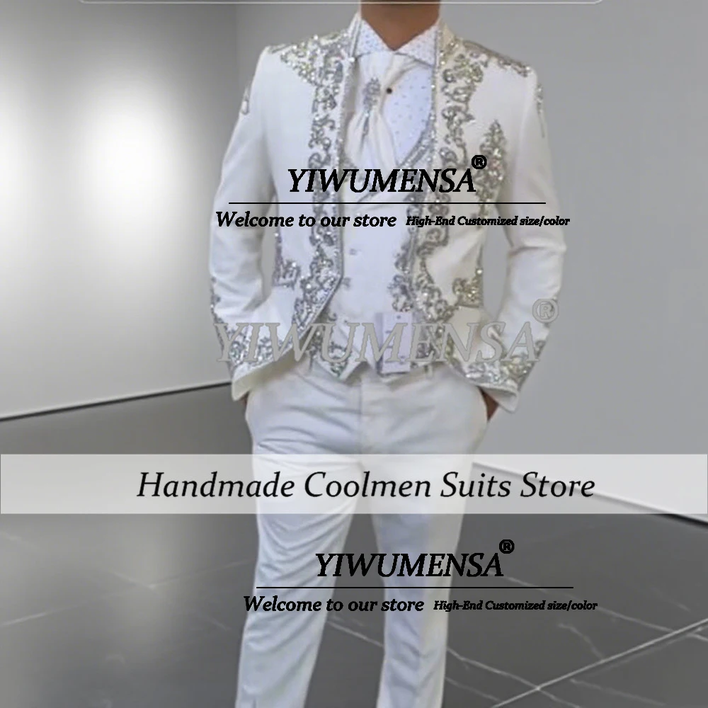 

Glittering Crystals Beaded Suits Men 3 Pieces Italian Design Prom Party Blazers Customized Man Banquet Wedding Groom Tuxedos