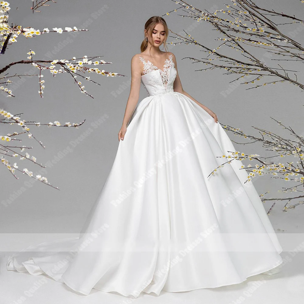 Newest Simple Women Wedding Dresses Sexy V-Neck A-Line Bridal Gowns Handmade Mopping Length Customized Design Vestidos De Novia