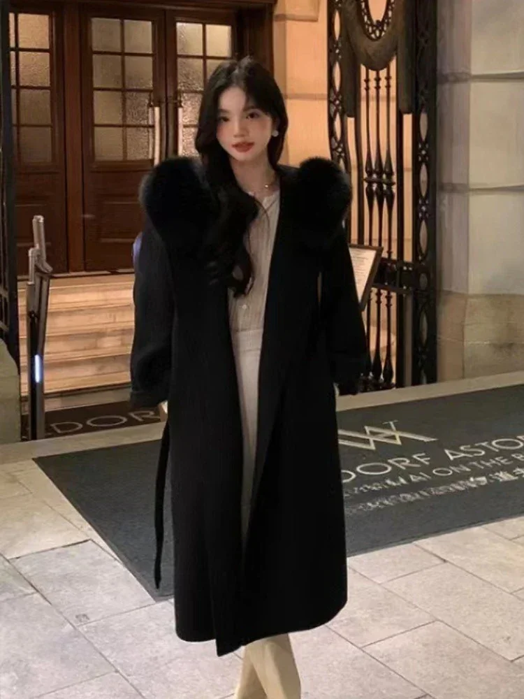 2025 Vrouwen Lange Dubbelzijdige Wollen Jas Met Capuchon Echt Vossenbont Kasjmier Wollen Jas Vrouwelijke Mode Elegante Warme Winter kleding