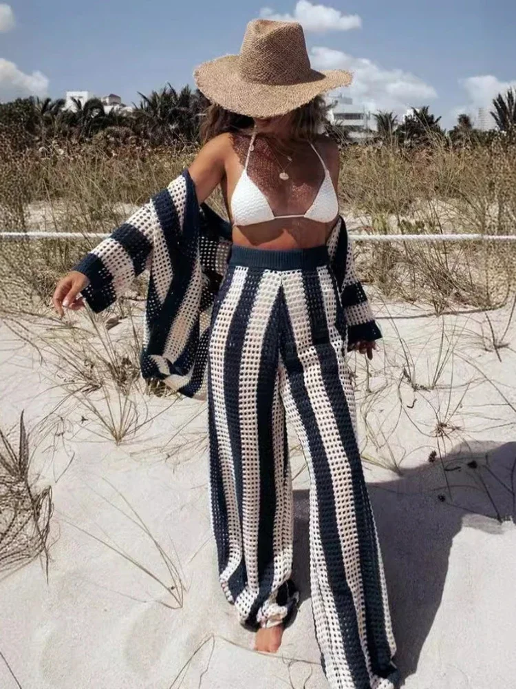 Fashion Beach Casual Suit Sexy Hollow Out V Neck Half Sleeves Wide Leg Pants Sets Summer Stripe Cut Out Shirts Pant Sets