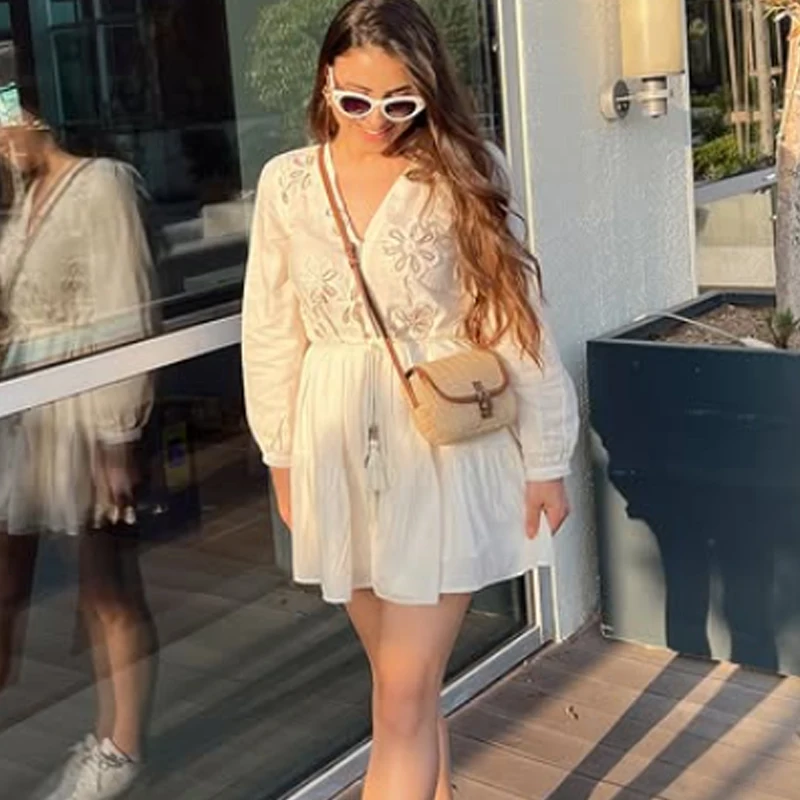 HXAO Woman 2025 Embroidery Short Dresses Pleated Floral Mini Dress Summer Belt Long Sleeve Dresses Boho Beach Elegant Lady Dress